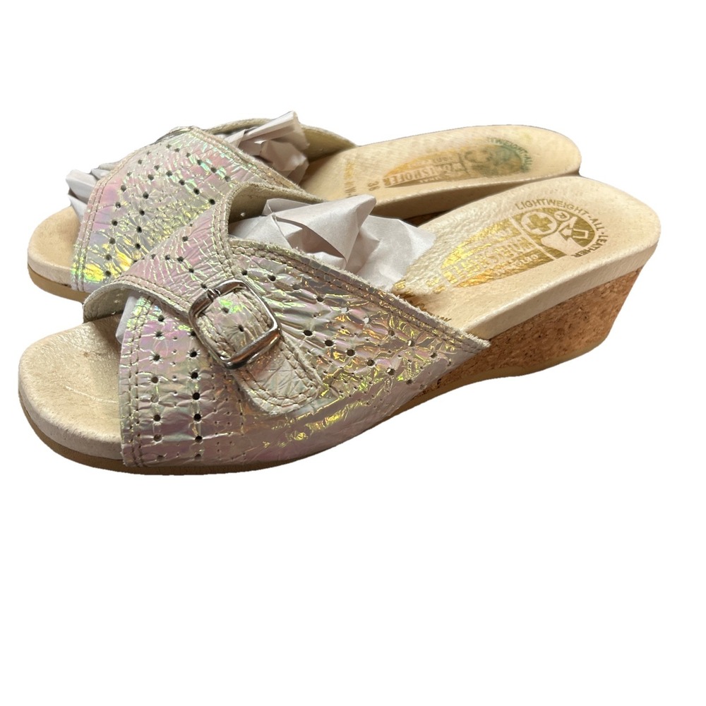 Unworn VTG Worishofer EU 38 Gold Silver Metallic Cork Wedge Slide Sandal